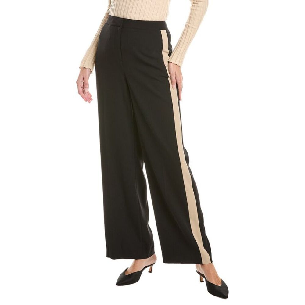 Kenneth Cole Womens  Fly Front High-Rise Side Stripe Wide Leg Pant, Black